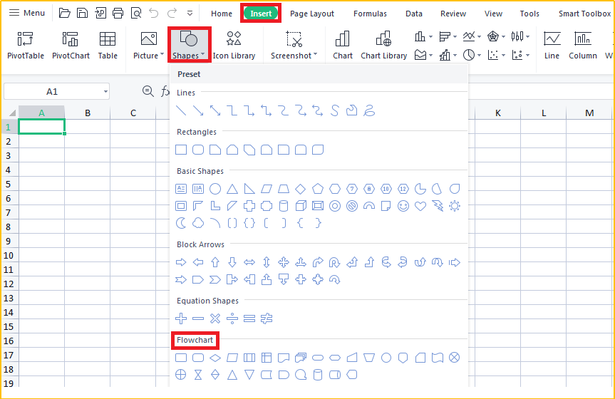 WPS Excelでフローチャートを作成する手順１