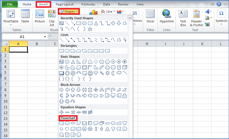 insert shapes in excel