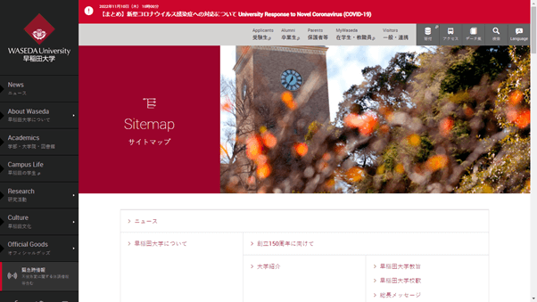 早稲田大学のサイトマップ