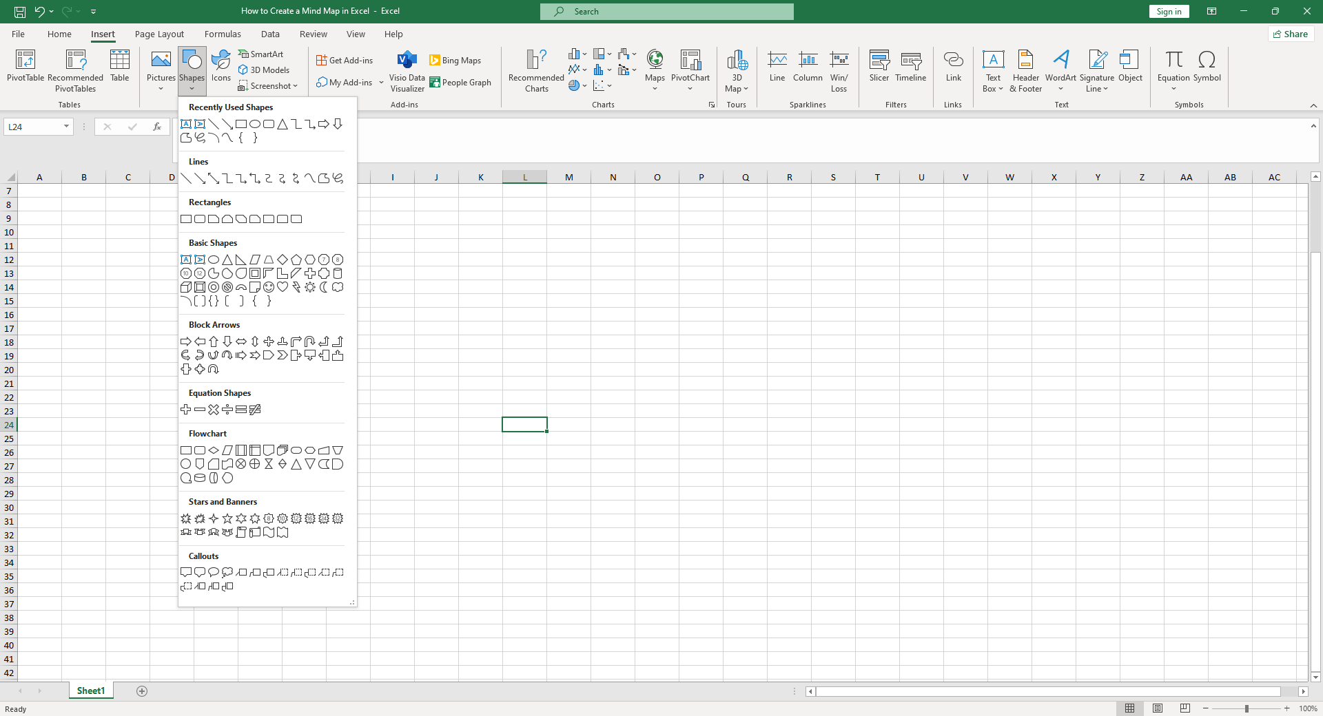 Excel 마인드 맵 모양 삽입
