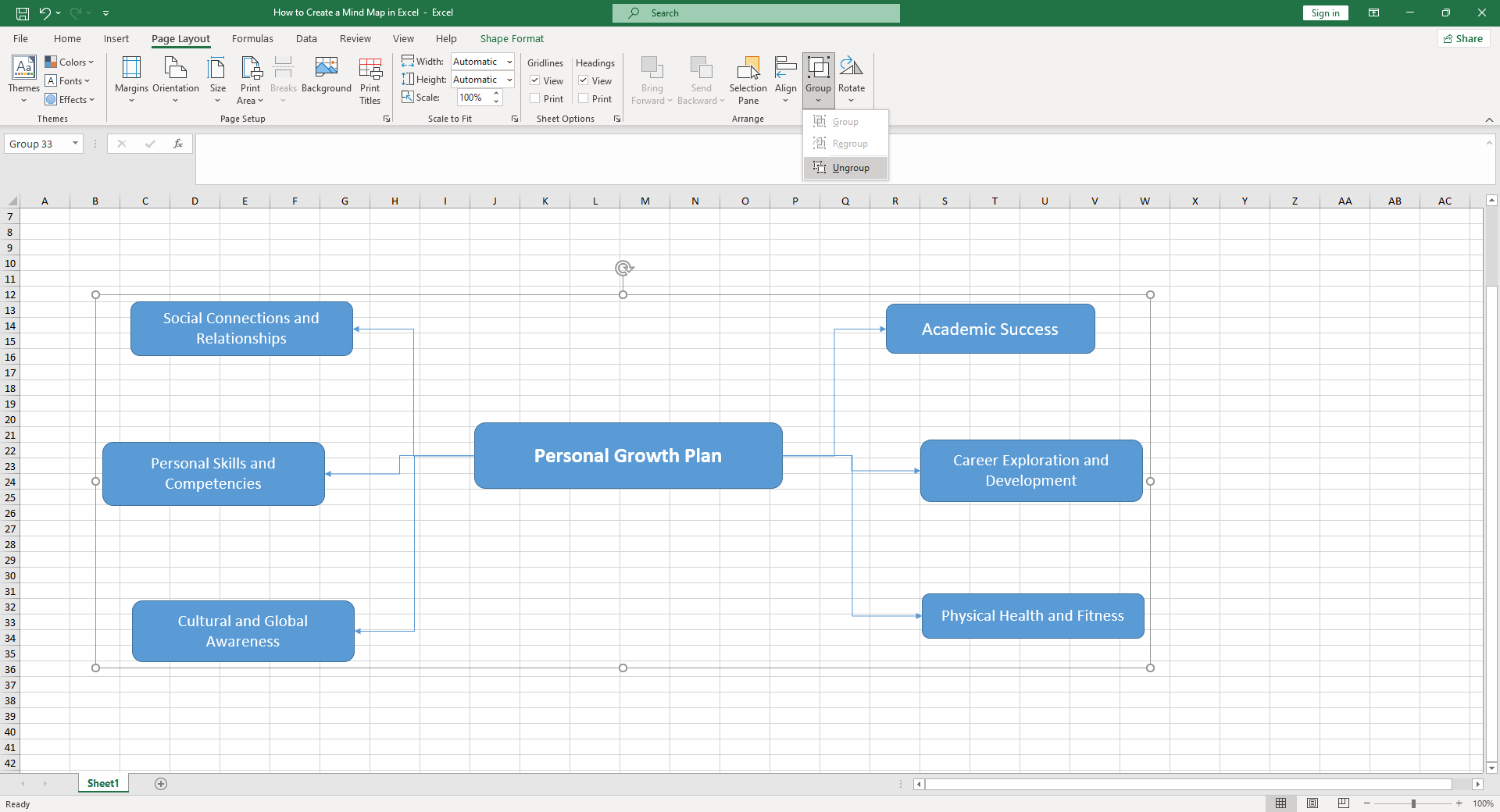 Excel 마인드 맵 모양 그룹화