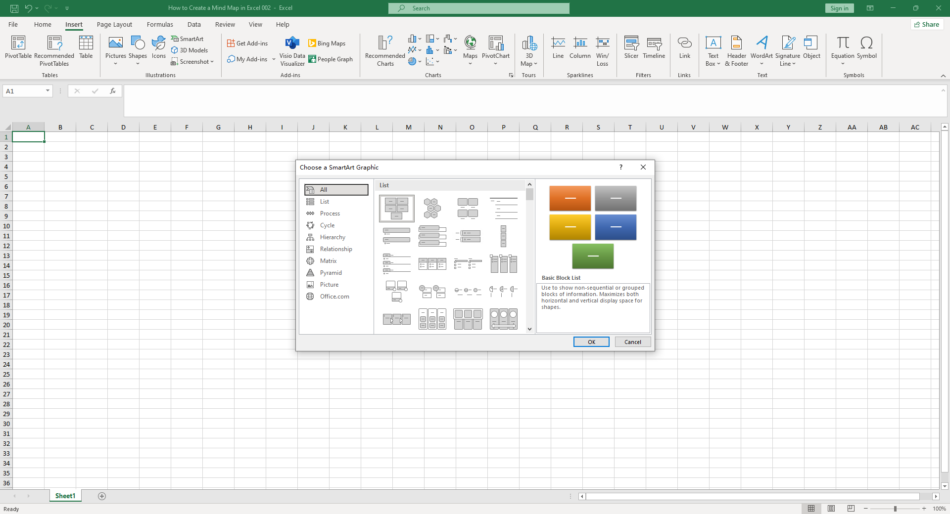 Excel 마인드 맵 스마트 아트 그래픽 삽입