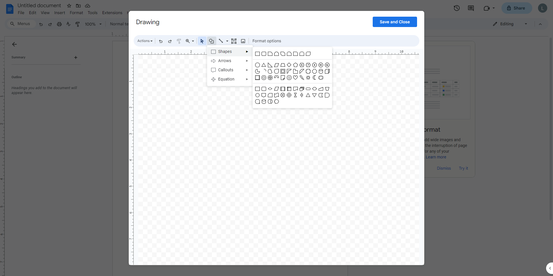 In the drawing window that opens, click on 'Shapes' then select shapes for your concept map such as circles or rectangles.